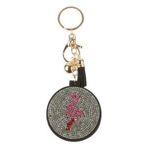 Flamingo Mirror Tassel Bling Faux Suede Round Keychain Handbag Charm